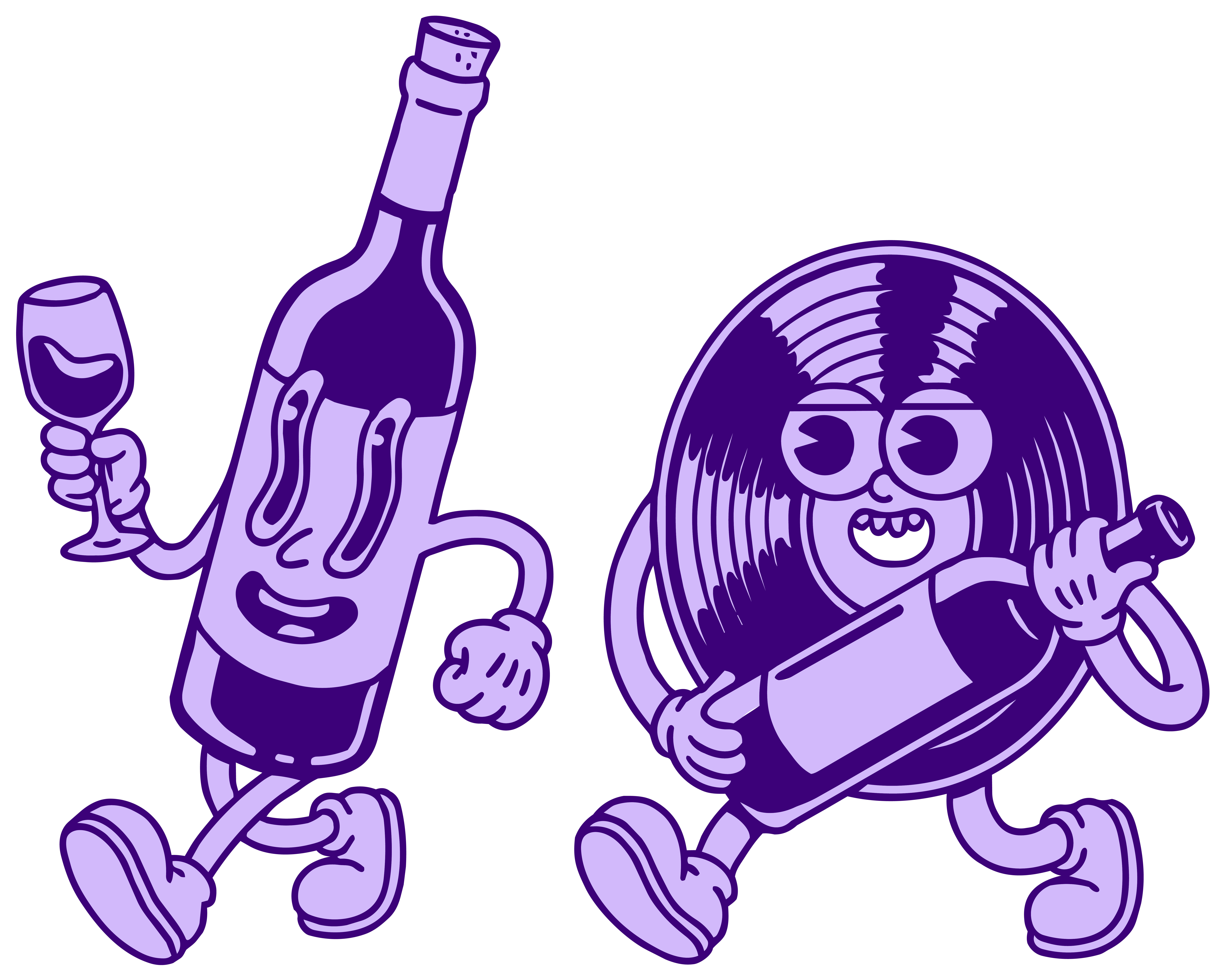 Walking wine bottle and vinyl record characters celebrating